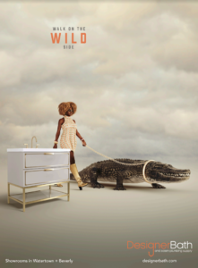 Walk on the wild side print ad featuring woman walking a crocodile